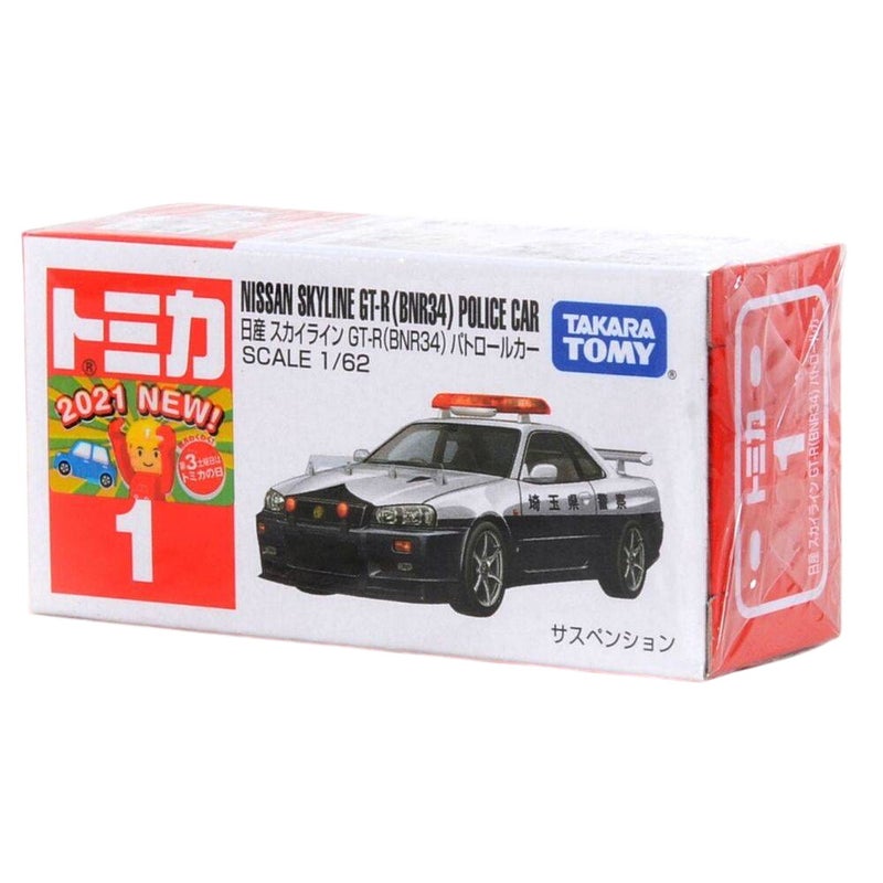 TAKARA TOMY تاكارا تومي توميكا 1 نيسان سكايلاين GT-R (BNR34) سيارة شرطة مصنوعة من الصب (1:62، أبيض/أسود) - Image 1